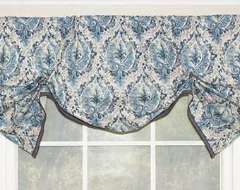 Medallion tucked  valance in indigo panels, continental rod