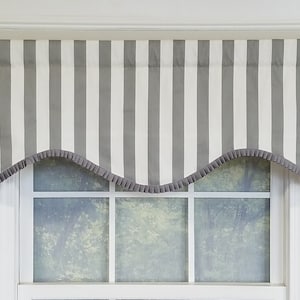 Grey  and white striped shaped valance with grey pleated French pleated ribbon trim and optional  curtain rod