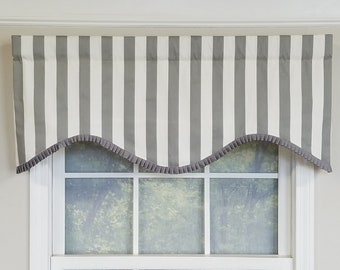 Grey  and white striped shaped valance with grey pleated French pleated ribbon trim and optional  curtain rod