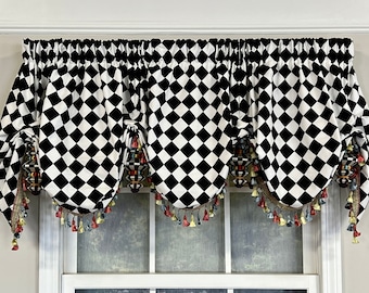 Harlequin balloon valance or victory swag with multi colored tassel trim