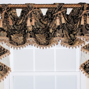 Jacobean victory valance swag with or without tassel trim and chairties in Black or Spa or Grey afbeelding 1