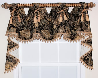 Jacobean victory valance  swag with or without tassel trim and chairties in Black or Spa or Grey