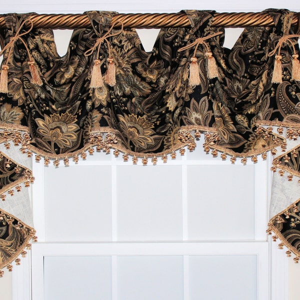 Jacobean victory valance  swag with or without tassel trim and chairties in Black or Spa or Grey