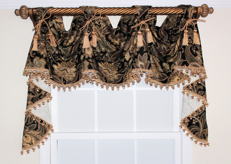 Jacobean victory valance swag with or without tassel trim and chairties in Black or Spa or Grey image 1