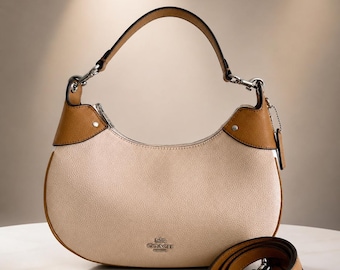 Coach Two-Tone Pebbled Leather Shoulder Bag | Beige & Tan | Detachable Strap | Classic Hobo Style