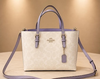 Luxury Signature Canvas Mini Tote Bag – Cream & Lavender Leather Trim Crossbody Handbag