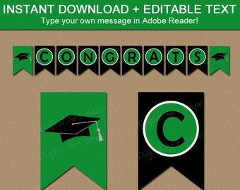 Green Graduation Party Decorations, Kelly Green and Black Graduation Banner, High School Graduation Decor, Printable Congrats Grad Decor G1