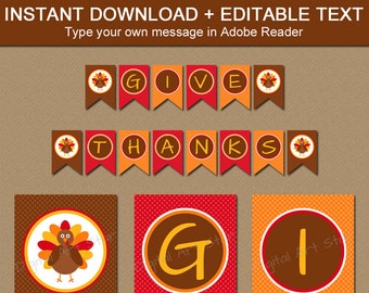 Printable Thanksgiving Banner - EDITABLE Thanksgiving Banner - DIY Turkey Banner - Printable Thanksgiving Decor - Party Decorations T1