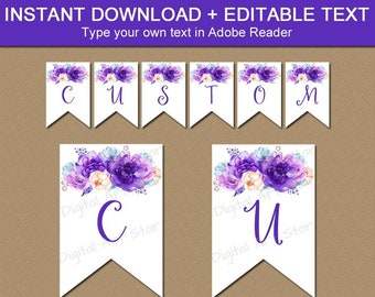 Printable Floral Banner - Purple Floral Baby Shower Decorations - Editable Banner Template - Floral Birthday Banner - Banner Flowers FL2