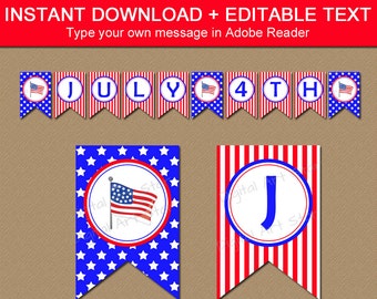 Modèle de bannière imprimable du 4 juillet, décorations du 4 juillet, bannière de drapeau américain, bannière rouge blanche et bleue des États-Unis, décor patriotique P1