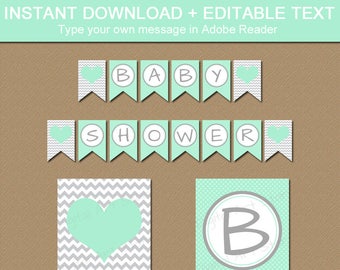 Baby Shower Banner, Gender Neutral Baby Shower Decorations, Mint Green Gray Printable Banner, Baby Shower Downloads, Birthday Banner BB1