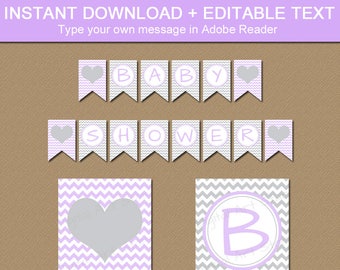 Lavender and Grey Baby Shower Banner, PRINTABLE Baby Banner, Party Supplies, EDITABLE Its a Girl Banner Template Lavender and Gray Decor BB1