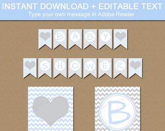 Baby Boy Shower Download, Blue Grey Baby Shower Decorations, Pregnancy Photo Prop, Gray Chevron Banner, Welcome Baby Printable Banner BB1