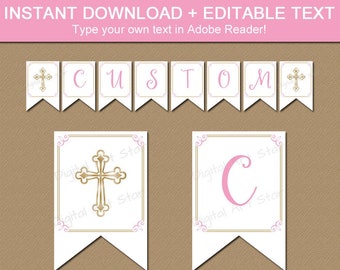 First Communion Printable Banner, Girl Baptism Banner Gold and Pink, Instant Download First Communion Banner, Confirmation Banner Girls FC2