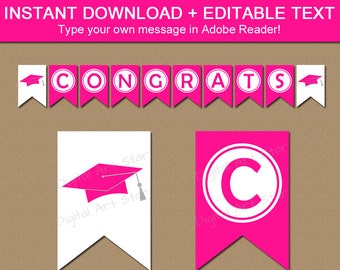 Pink Printable Graduation Banner, Girl Graduation Party Decorations 2024, Pink Graduation Bunting Banner, Congrats Banner Printable G1