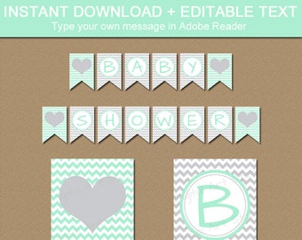 Printable Baby Shower Banner, Mint Party Supplies, Mint and Gray Chevron Baby Photo Prop, 1st Birthday Party Banner, Mommy to Be Banner BB1
