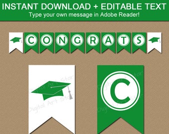 Green Graduation Party Decorations, Graduation Banner, Kelly Green and White Graduation Decorations 2024, Downloadable Banner Template G1