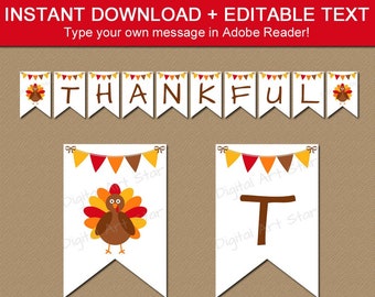 Thanksgiving Banner Printable, Thanksgiving Decorations, Editable Thanksgiving Banner Decor Instant Download, Turkey Banner, White Banner T2