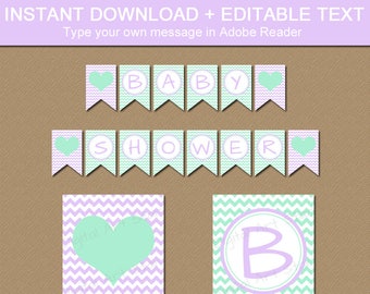 Baby Shower Banner Mint Green Party Supply, PRINTABLE Lavender and Mint Green Baby Shower Decorations, Chevron Banner, Birthday Banner BB1