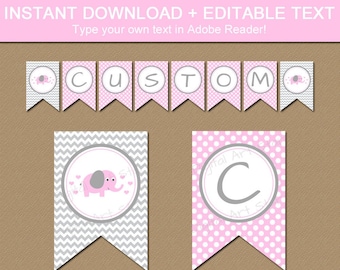 Pink Elephant Baby Shower Decorations - Pink and Gray Elephant Baby Shower Banner Girl - Its a Girl Banner Printable - Baby Girl Banner BB7