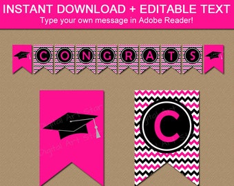 Hot Pink and Black Graduation Printable Banner, Editable Graduation Banner, High School Graduation Banner, Girl Graduation Party Ideas G3