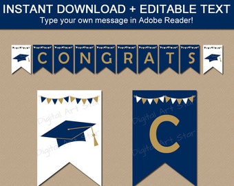 Downloadable Graduation Banner Template - Navy Blue and Gold Graduation Party Decorations - High School Graduation Party Ideas G7