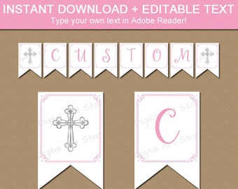 First Holy Communion Banner Girls, Pink and White First Communion Decorations Girl, Editable Banner Letters, Baptism Banner Downloadable FC2