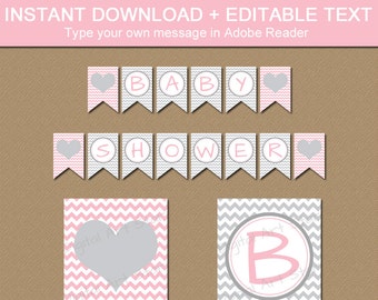 Baby Banner, Pink and Gray Baby Shower Decorations, Baby Shower Banner Printable, EDITABLE Banner, Pink and Grey Banner Digital Download BB1