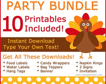 Printable Thanksgiving Party Pack, Thanksgiving Party Decorations, Food Labels, Placecards, Thanksgiving Hang Tags, Water Bottle Labels T4