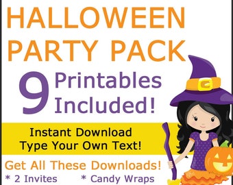 Halloween Party Supplies, Party Pack, Printable Bundle, Halloween Party Decorations, Invitation Template, Candy Wrappers, Halloween Labels