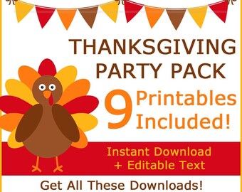 Thanksgiving Party Pack Printable Food Labels, Thanksgiving Banner, Printable Tags, Napkin Rings, Water Bottle Labels, Candy Bag Toppers T2