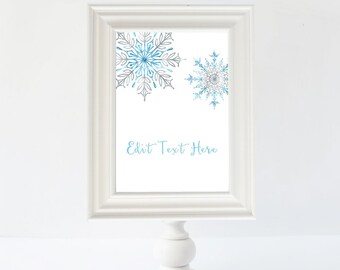 5x7 Editable Sign Template Blue Silver Snowflakes - Christmas Sign - Winter Sign Template - Snowflake Party Supplies - Buffet Table Sign