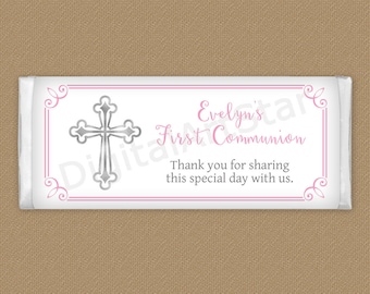 Girl First Communion Favors, First Communion Candy Wrappers for Girl, 1st Communion Chocolate Bar Wrappers, Candy Bar Label Template FC2