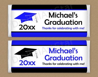 Graduation Candy Bar Wrappers, Royal Blue and Black Graduation Favors for Guests, High School Graduation Chocolate Wrappers Template G1