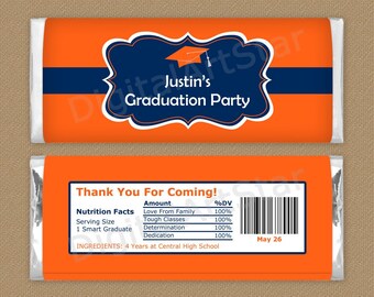 Printable Graduation Candy Wrappers 2024, Orange and Blue Graduation Party Favors, Graduation Editable Template, Chocolate Bar Covers G1