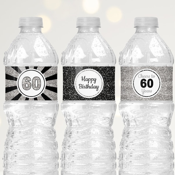 60th Birthday Decorations Black and Silver, 60th Birthday Water Bottle Labels Printable, Happy Birthday Water Bottle Stickers Template B11