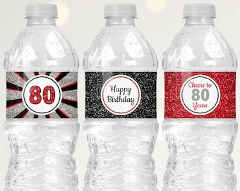 80th Birthday Water Bottle Labels, Red Black and Silver Birthday Decorations for Men, 80th Birthday Party Decorations for Women B11