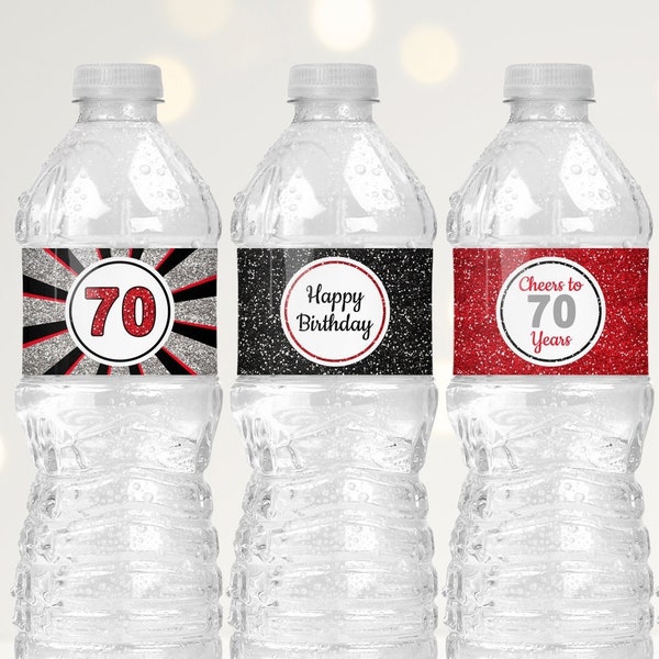 Red and Black 70th Birthday Water Bottle Labels Printable, 70th Birthday Decorations for Men, 70th Birthday Party Decorations for Women B11