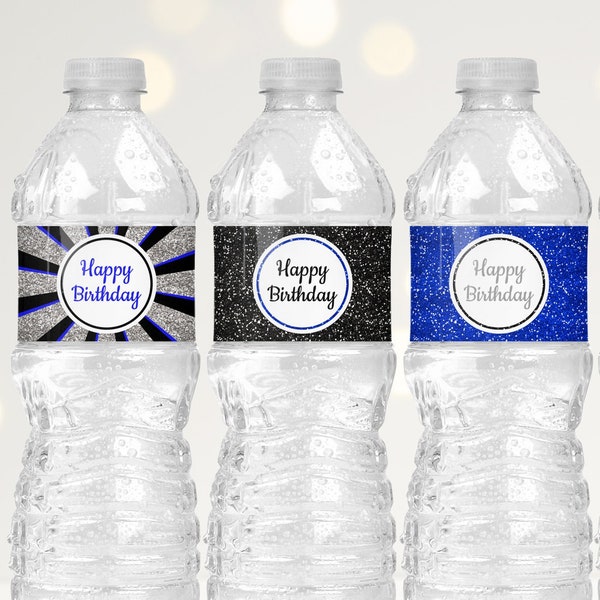 Happy Birthday Water Bottle Labels Blue Black and Silver, Birthday Decorations for Men, Birthday Party Decorations for Boys, Any Age B11