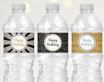 Happy Birthday Water Bottle Labels Black Silver Gold Birthday Party Decorations Printable Happy Birthday Stickers for Water Bottles B11