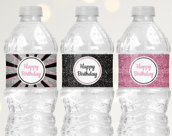Girl Birthday Water Bottle Labels Printable, Happy Birthday Decorations Pink Black Silver Glitter, Water Bottle Stickers for Women B11