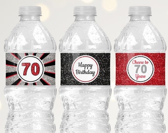 Red and Black 70th Birthday Water Bottle Labels Printable, 70th Birthday Decorations for Men, 70th Birthday Party Decorations for Women B11