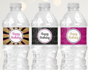 Happy Birthday Water Bottle Labels for Girls, Happy Birthday Decorations Fuchsia Black Gold Glitter, Birthday Bottle Stickers Any Age B11