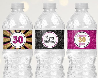 30th Birthday Water Bottle Labels, 30th Birthday Party Decorations for Her, 30th Birthday Printables Fuchsia Black and Gold Glitter B11