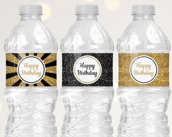 Black and Gold Water Bottle Labels Happy Birthday, Party Decorations Printable, Happy Birthday Water Bottle Stickers Any Age B11