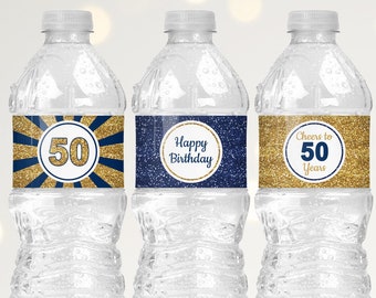 50th Birthday Decorations for Men, 50th Water Bottle Label Template in Navy Blue and Gold Glitter, 50 Happy Birthday Water Bottle Labels B11