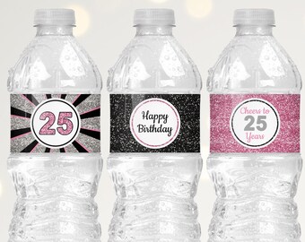 25th Birthday Water Bottle Labels for Women 25th Birthday Decorations for Her Pink Black and Silver Glitter Printable Digital Download B11