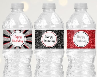 Happy Birthday Water Bottle Labels Printable, Black and Red Birthday Decorations, Birthday Water Bottle Stickers Instant Download B11