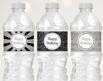 Black and Silver Water Bottle Labels Happy Birthday, Printable Birthday Party Decorations, Happy Birthday Water Bottle Stickers Any Age B11