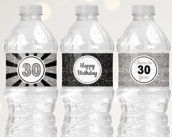 Black and Silver 30th Birthday Water Bottle Labels PDF, Printable Happy Birthday Decorations, Water Bottle Stickers Digital Download B11